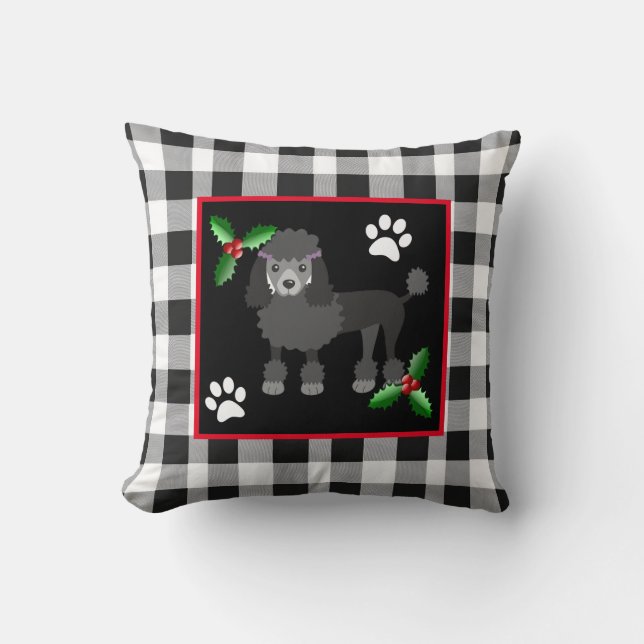 Festive Christmas Black Standard Poodles Throw Pillow (Front)