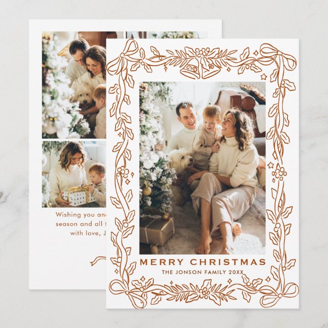Festive Christmas Boho Beige Bow Ribbon 5 Photo Holiday Card (Front/Back)