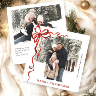 Festive Christmas Boho Red Bow Ribbon 2 Photo Holiday Card