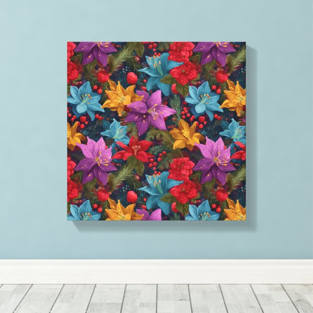 Festive Christmas Botanical Pattern Canvas Print (Insitu(Wood Floor))
