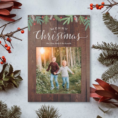 Festive Christmas Botanicals Rustic Wood Holiday Card