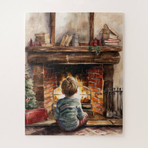 festive Christmas boy fireplace watercolor Jigsaw Puzzle