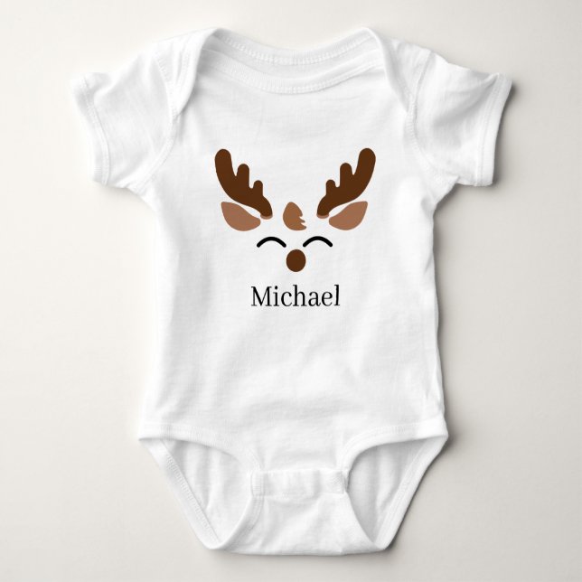 festive Christmas boy reindeer add name first Baby Bodysuit (Front)