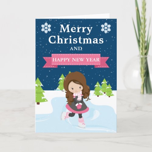 Festive Christmas Brunette Girl Ice Skater Holiday Card