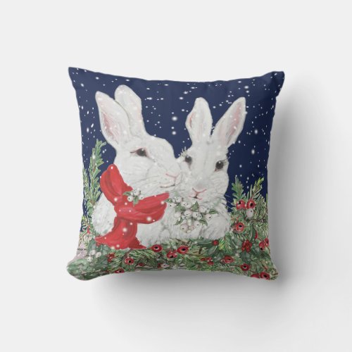 Festive Christmas Bunny Rabbit Art Winter Holiday Throw Pillow