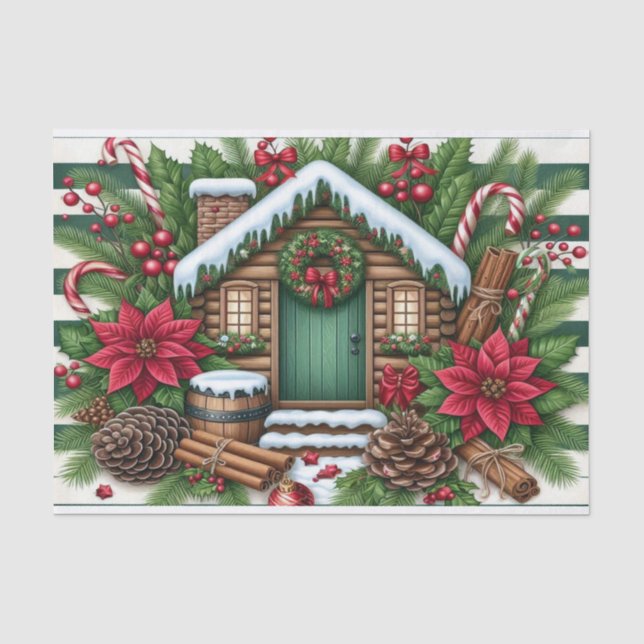 Festive Christmas Cabin Surrounded by Holiday Deco Tissue Paper (Front)