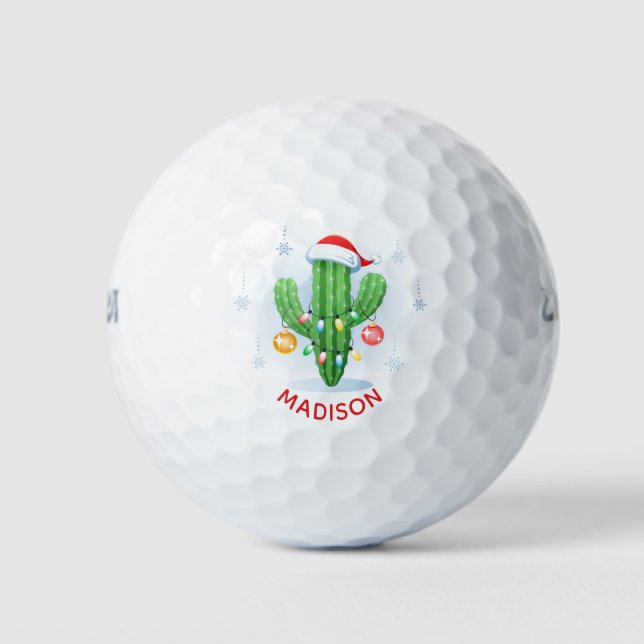 Festive Christmas Cactus Cute Personalized Name Golf Balls (Front)
