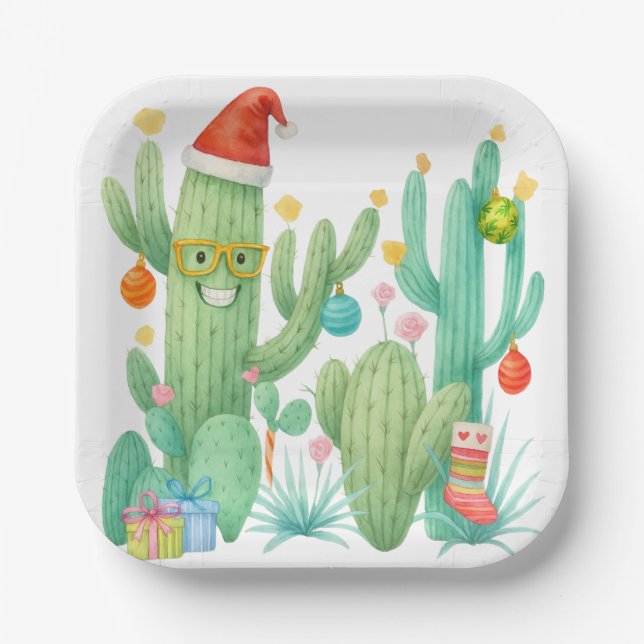 Festive Christmas Cactus with Santa Hat & Ornament Paper Plates (Front)