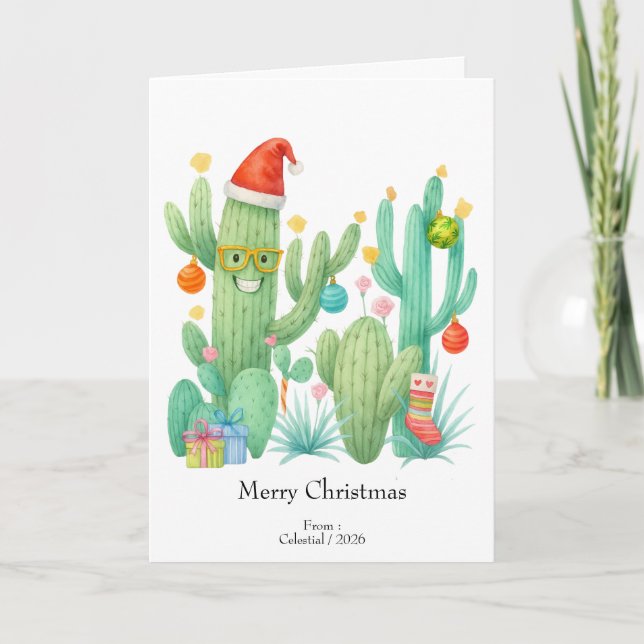 Festive Christmas Cactus with Santa Hat & Ornament Thank You Card (Front)