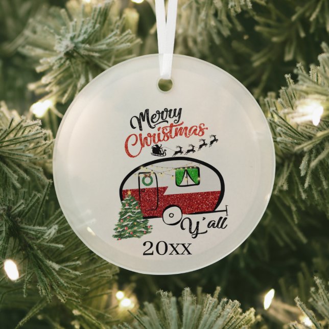 festive Christmas camper word art Glass Ornament (Insitu)