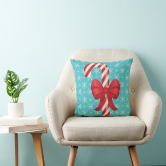 Festive Christmas Candy Cane With A Bow Throw Pillow