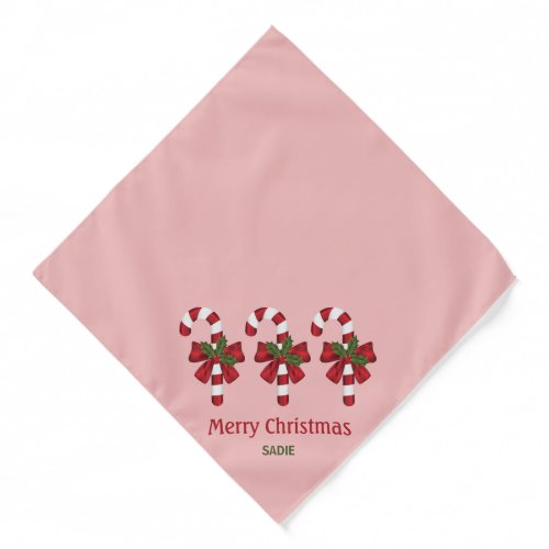 Festive Christmas Candy Canes On Pink  Text Bandana