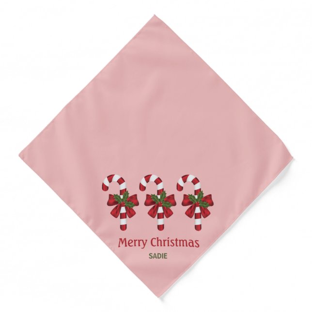 Festive Christmas Candy Canes On Pink & Text Bandana (Front)