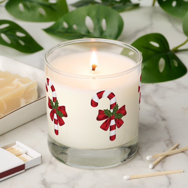 Festive Christmas Candy Canes With Bows And Holly Scented Candle (Lit)