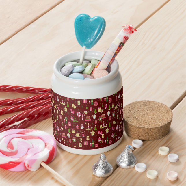 Festive Christmas Candy Pattern Red Background  Candy Jar (In Situ)