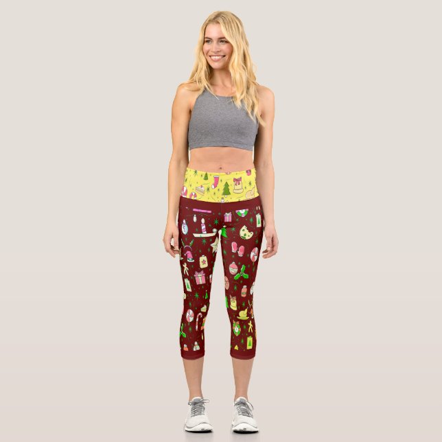Festive Christmas Candy Pattern Red Background Capri Leggings (Front)