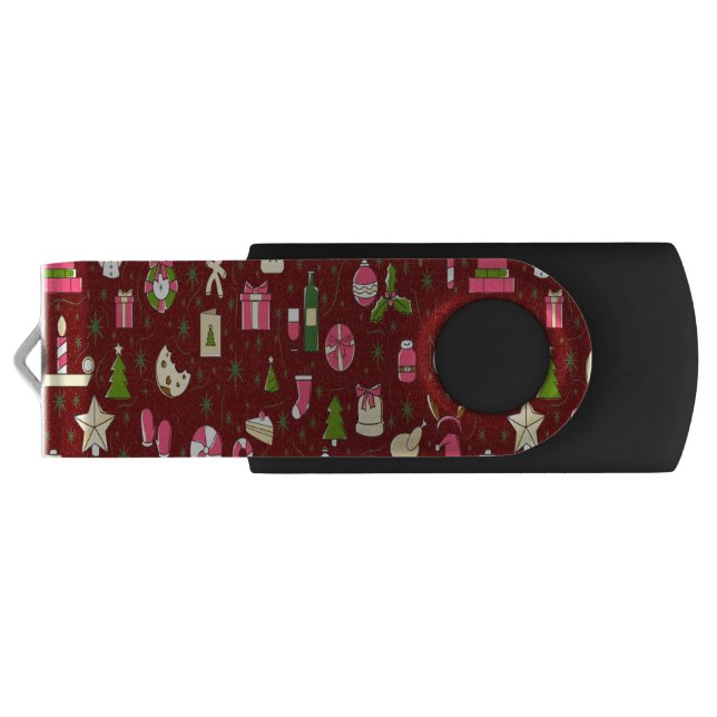 Festive Christmas Candy Pattern Red Background Flash Drive (Back)