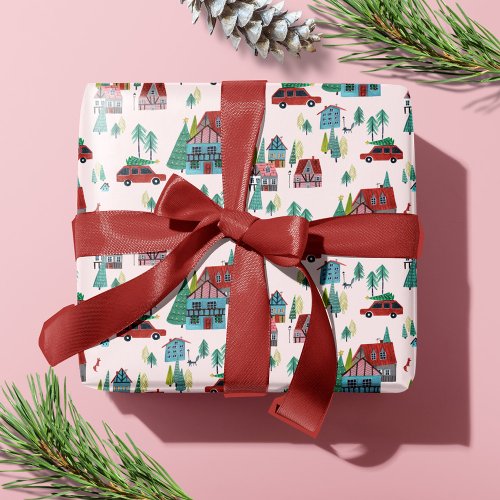 Festive Christmas Car Tree Village Pink Retro Car Wrapping Paper