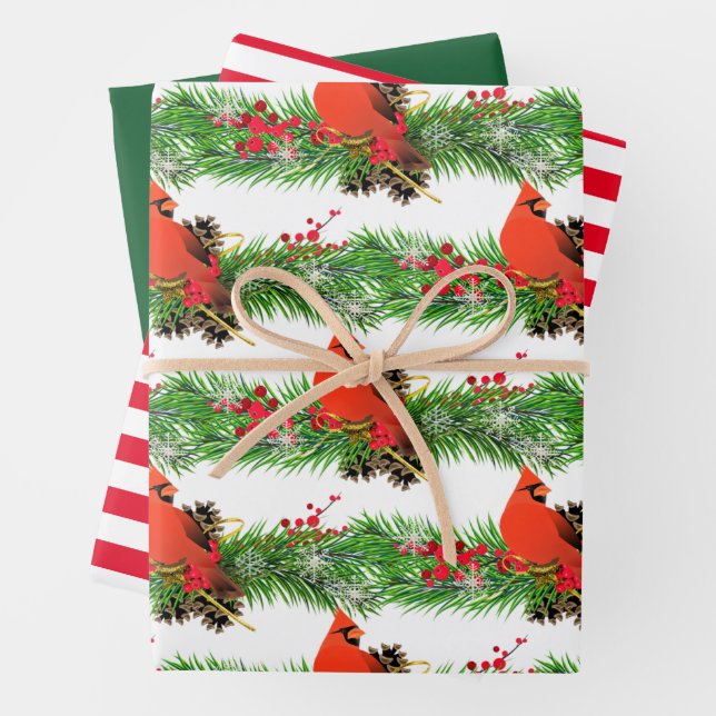 Festive Christmas Cardinal with Holiday Greenery  Wrapping Paper Sheets (In situ)