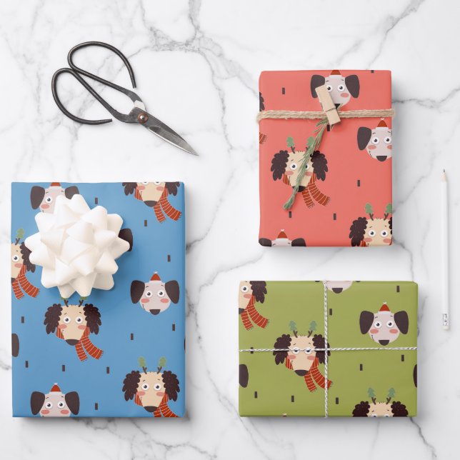 Festive Christmas Cartoon Dogs Wrapping Paper Sheets (Front)