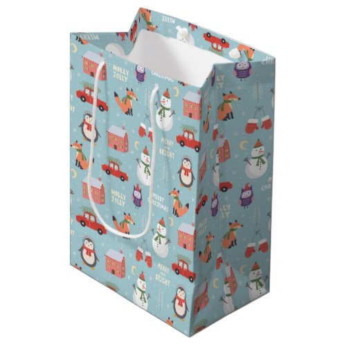 Festive Christmas Cartoon Fox Snowman Car Penguin Medium Gift Bag