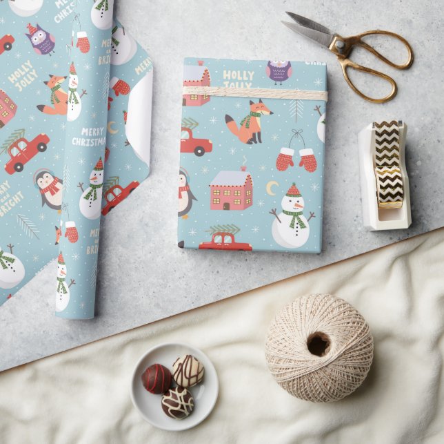 Festive Christmas Cartoon Fox Snowman Car Penguin Wrapping Paper (Crafts)