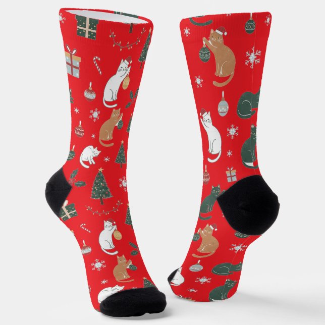 Festive! Christmas Cat & Decorations Red Socks (Angled)