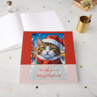 Festive Christmas Cat in Santa Hat Foil Guest Book
