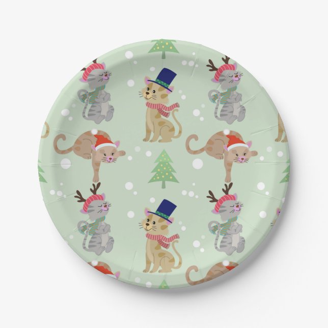 Festive Christmas Cats in Hats Design Paper Plates (Front)