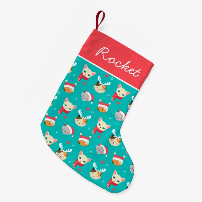Festive Christmas Cats Pattern Personalized Small Christmas Stocking (Front (Hanging))