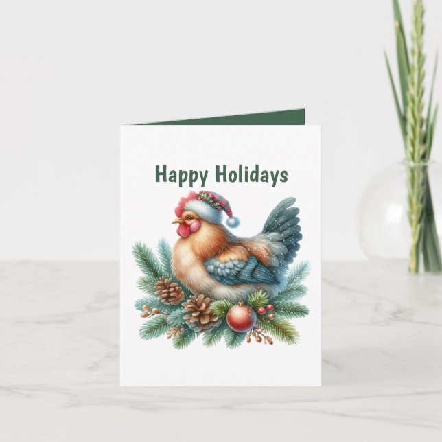 Festive Christmas chicken customizable Holiday Card (Front)