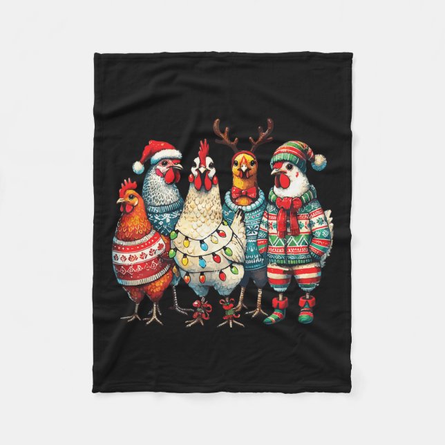 Festive Christmas Chickens Hat Lights Farm Animal  Fleece Blanket (Front)