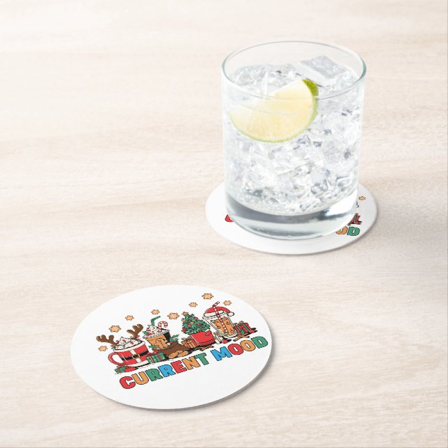 Festive Christmas Coffee Cups With Playful Designs Round Paper Coaster (Insitu)