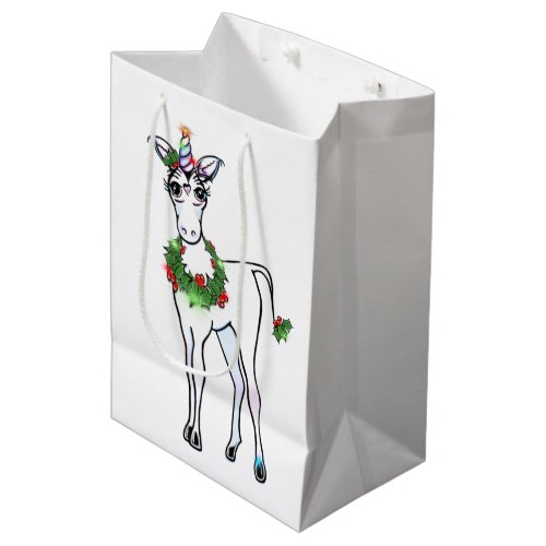 Festive Christmas colorful Unicorn drawing  Medium Gift Bag