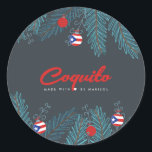 Festive Christmas Coquito Puerto Rican  Classic Round Sticker<br><div class="desc">The label features a joyful and vibrant holiday design. At its center,  lush green branches adorned with sparkling ornaments that celebrate Puerto Rican heritage. Each ornament is uniquely decorated with the iconic Puerto Rican flag,  proudly displaying its red,  white,  and blue colors.</div>
