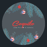 Festive Christmas Coquito Puerto Rican  Classic Round Sticker<br><div class="desc">The label features a joyful and vibrant holiday design. At its center,  lush green branches adorned with sparkling ornaments that celebrate Puerto Rican heritage. Each ornament is uniquely decorated with the iconic Puerto Rican flag,  proudly displaying its red,  white,  and blue colors.</div>