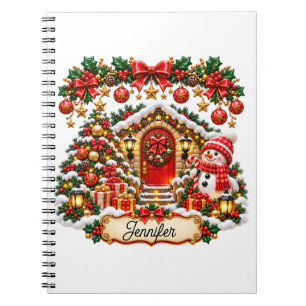 Festive Christmas Cottage with Snowman and Editabl Notebook