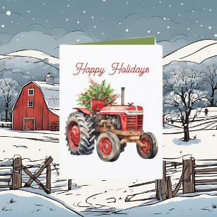 Festive Christmas country tractor watercolor Holiday Card