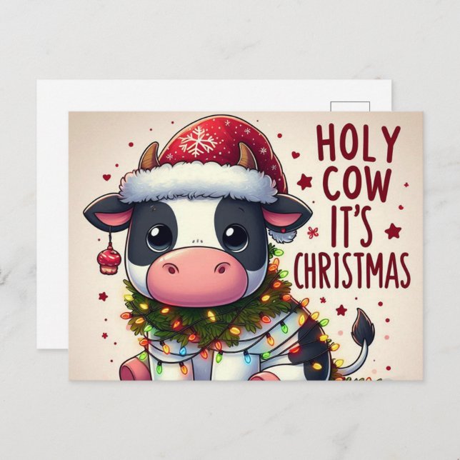 Festive Christmas Cow Holy Cow It's Christmas Postcard (Front/Back)