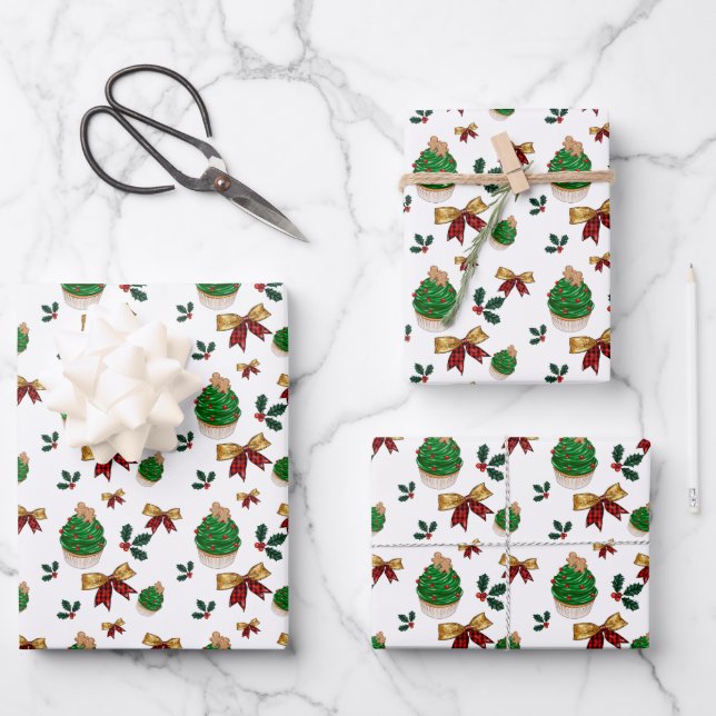 festive Christmas cupcakes bows tiled pattern Wrapping Paper Sheets (Front)