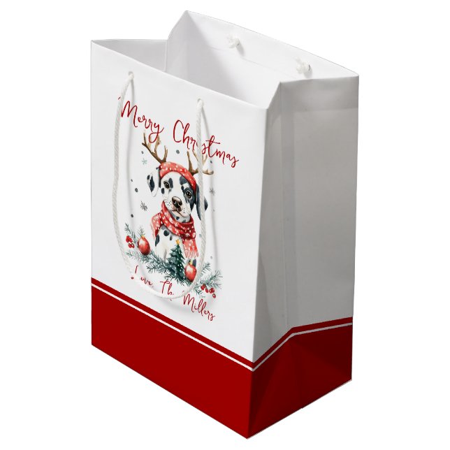 Festive Christmas Dalmatian Puppy Medium Gift Bag (Back Angled)