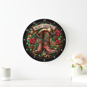 Festive Christmas Decorations Cowboy Elements Large Clock