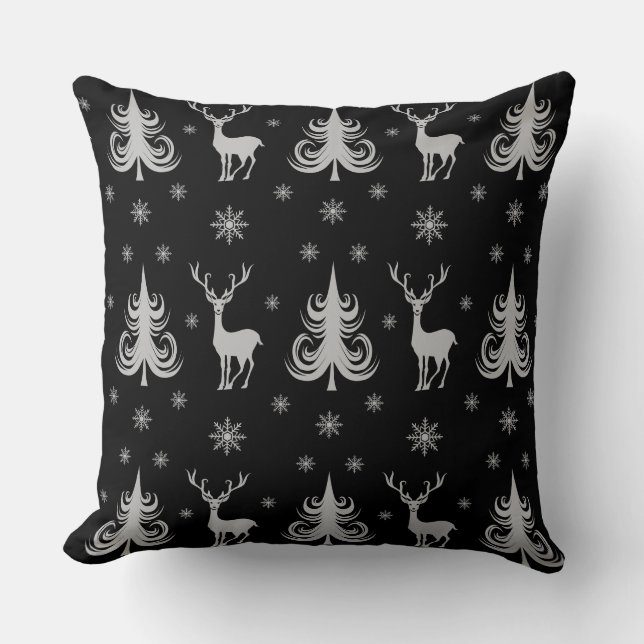 Festive Christmas Deer Pattern Black Throw Pillow (Front)