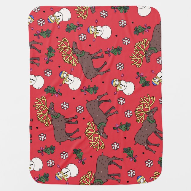 Festive Christmas Deer: Snowman Pattern Baby Blanket (Front)