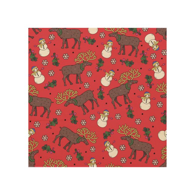 Festive Christmas Deer: Snowman Pattern Wood Wall Art (Front)