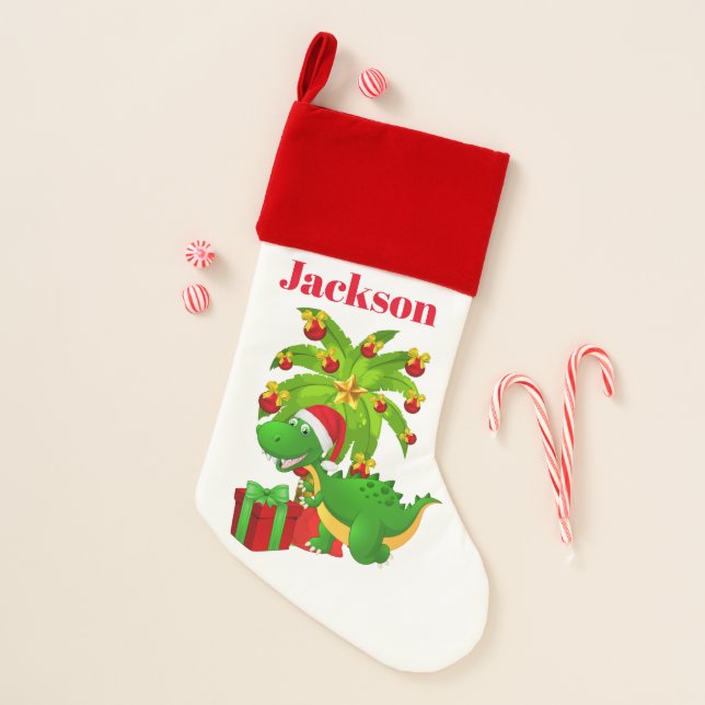 Festive Christmas dinosaur add name stocking (Front)