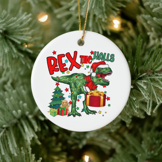 festive Christmas dinosaur add sentiment Ceramic Ornament (Tree)
