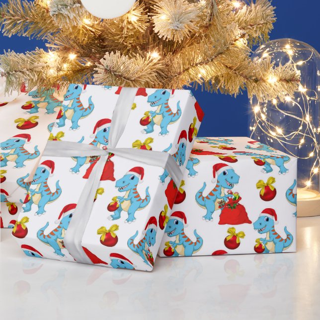 Festive Christmas dinosaur tiled party wrap Wrapping Paper (Holidays)