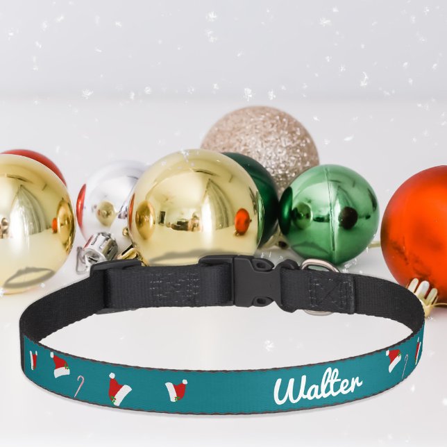Festive Christmas Dog Name Teal Santa Hat Pattern Pet Collar (A fun and festive santa hat pattern pet collar with space for your Pup's name. Happy Howlidays!)