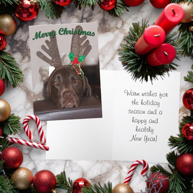Festive Christmas Dog With Glitter Antlers Holiday Card (Folding Christmas card with cover and inside )